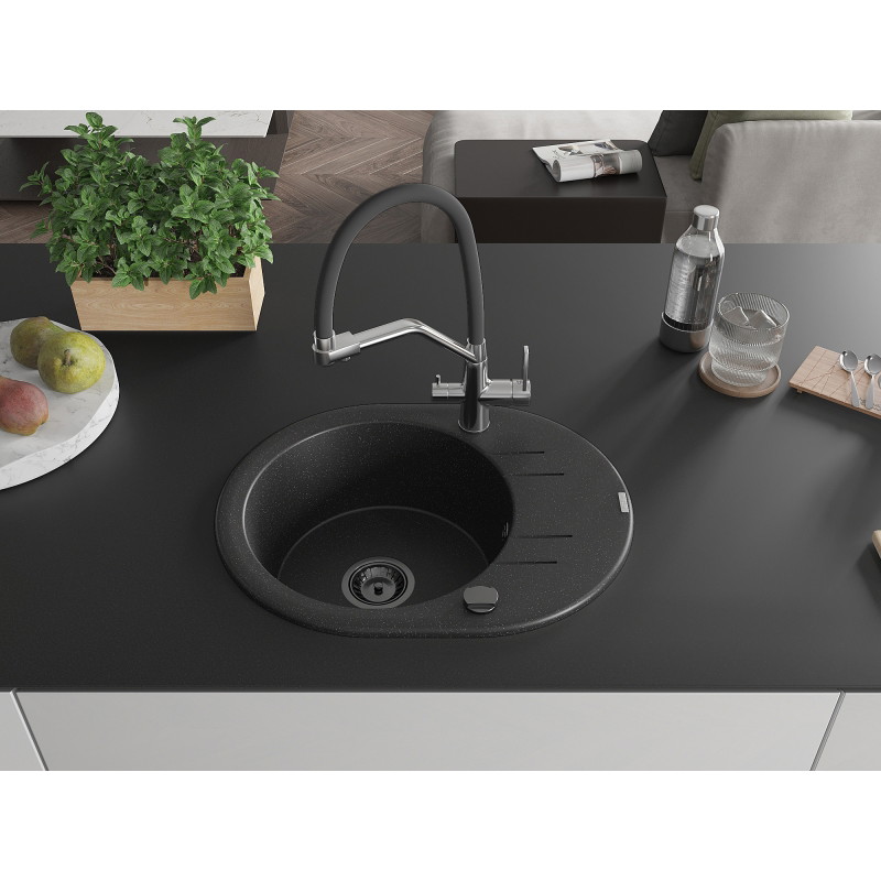 Mexen Kevin single-bowl granite sink with Duo kitchen faucet, black/silver metallic - 6517-73-671701-07-B