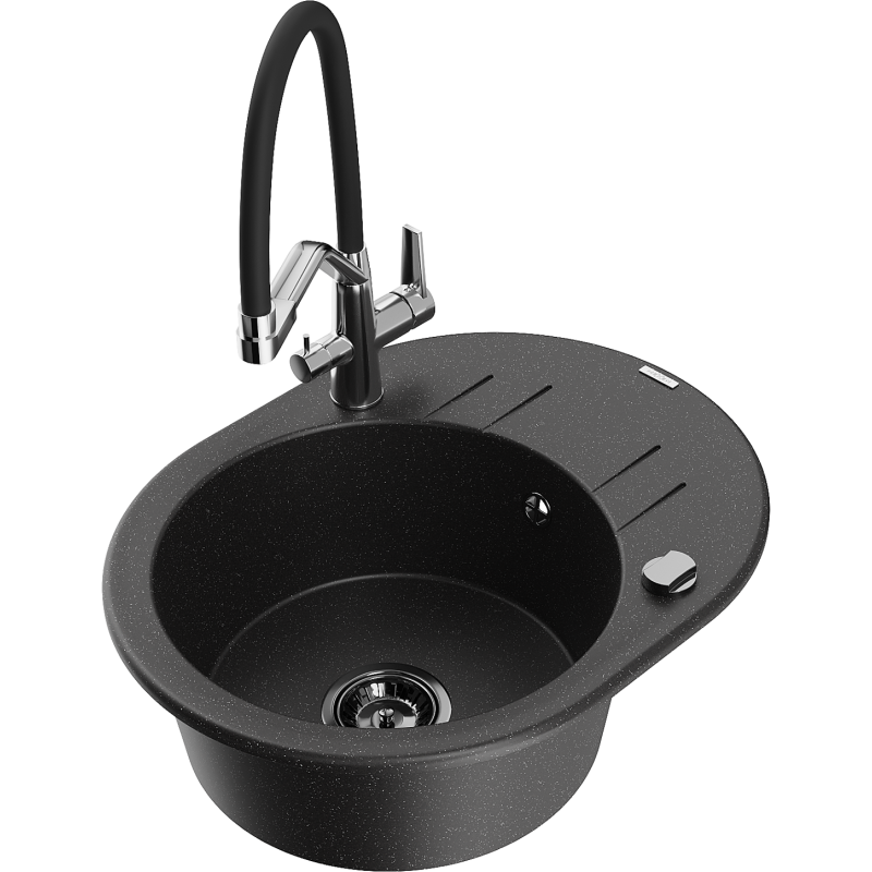 Mexen Kevin 1-bowl granite sink with Duo kitchen tap, black/silver metallic - 6517-73-671701-07-B