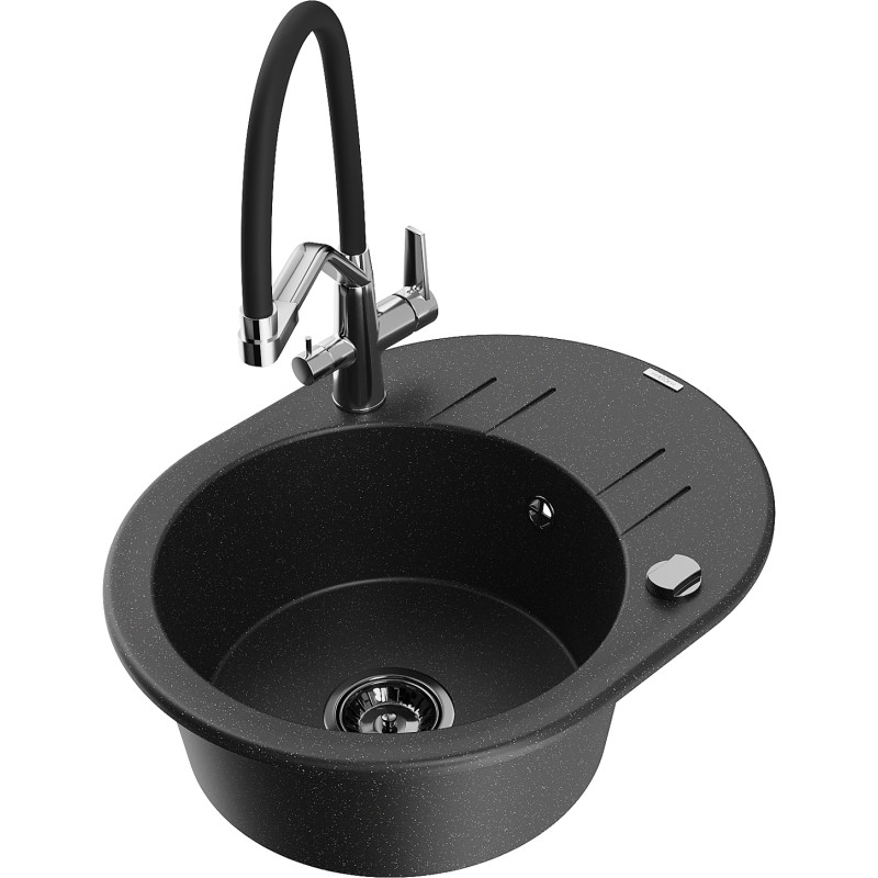 Mexen Kevin single-bowl granite sink with Duo kitchen faucet, black/silver metallic - 6517-73-671701-07-B
