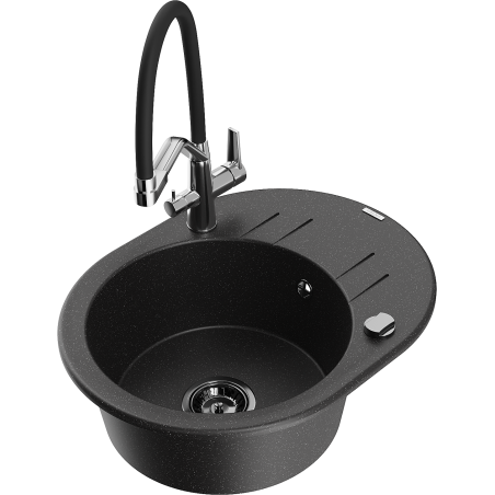 Mexen Kevin single-bowl granite sink with Duo kitchen faucet, black/silver metallic - 6517-73-671701-07-B