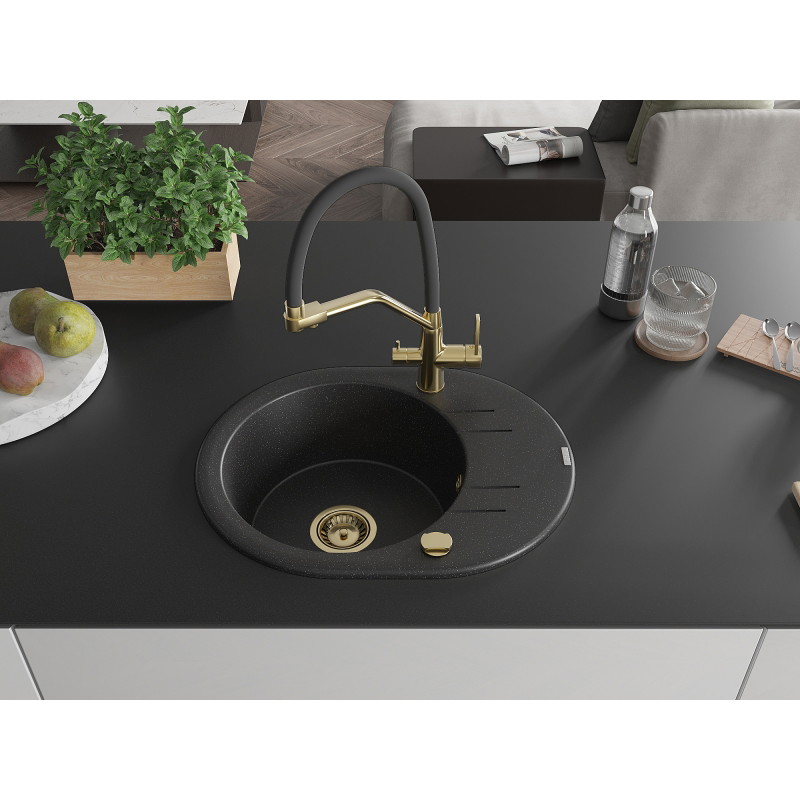 Mexen Kevin 1-bowl granite kitchen sink with Duo kitchen faucet, black/silver metallic - 6517-73-671701-57-G