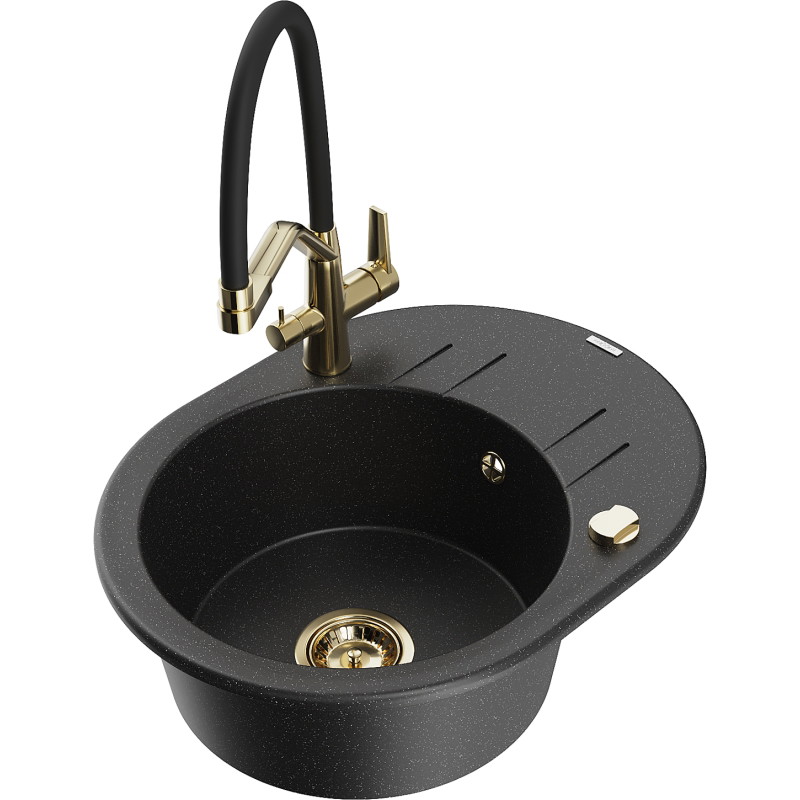 Mexen Kevin 1-bowl granite kitchen sink with Duo kitchen faucet, black/silver metallic - 6517-73-671701-57-G
