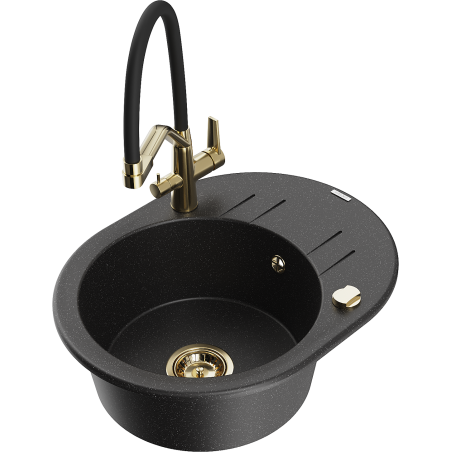 Mexen Kevin 1-bowl granite kitchen sink with Duo kitchen faucet, black/silver metallic - 6517-73-671701-57-G