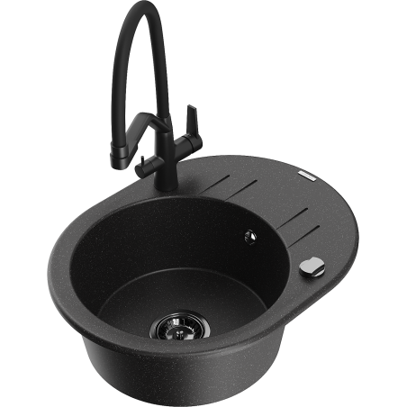 Mexen Kevin 1-bowl granite sink with Duo kitchen faucet, black/silver metallic - 6517-73-671701-70-B