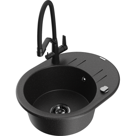 Mexen Kevin granite kitchen sink 1-bowl with Duo kitchen faucet, black/silver metallic - 6517-73-671701-70-B