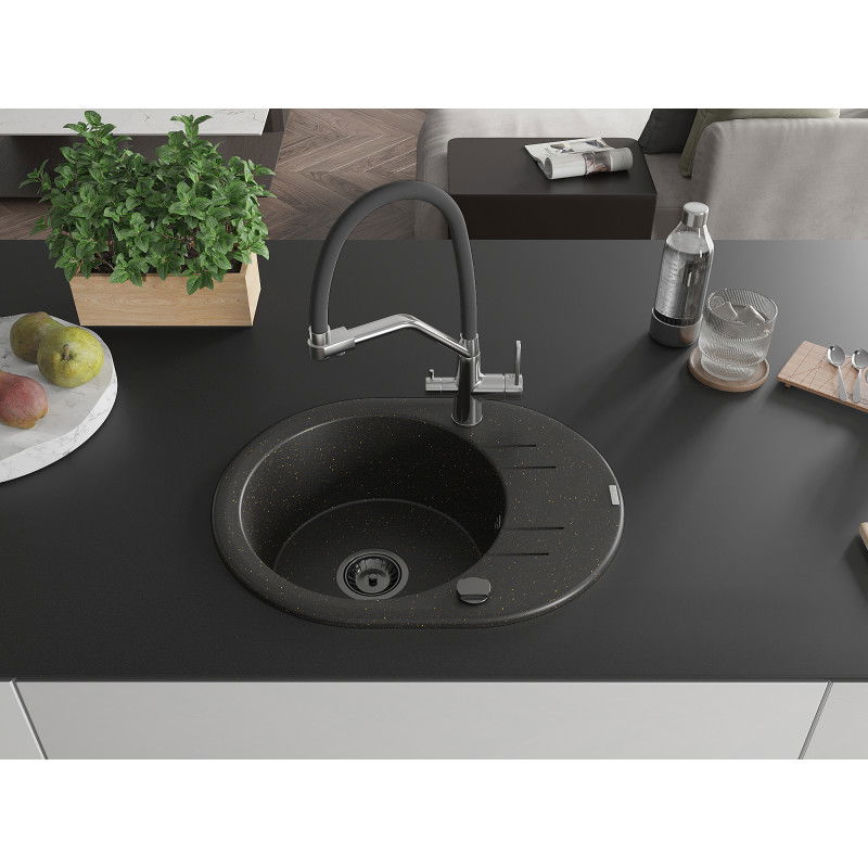 Mexen Kevin granite kitchen sink 1-bowl with Duo kitchen tap, black/gold metallic - 6517-75-671701-07-B