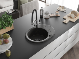 Mexen Kevin 1-bowl granite sink with kitchen faucet Duo, black/gold metallic - 6517-75-671701-07-B