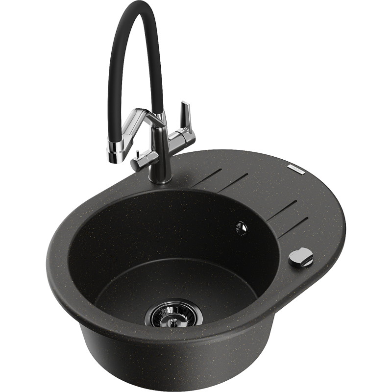 Mexen Kevin 1-bowl granite sink with kitchen faucet Duo, black/gold metallic - 6517-75-671701-07-B