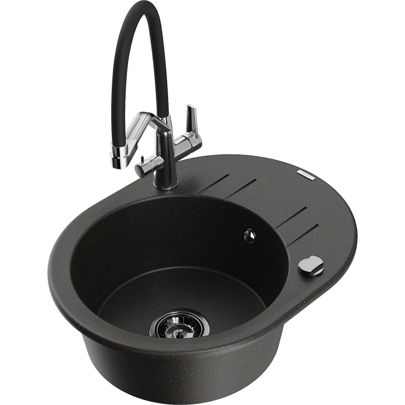 Mexen Kevin granite kitchen sink 1-bowl with Duo kitchen tap, black/gold metallic - 6517-75-671701-07-B