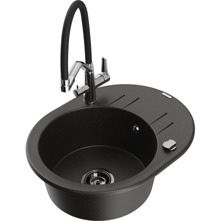 Mexen Kevin granite kitchen sink 1-bowl with kitchen faucet Duo, black/gold metallic - 6517-75-671701-07-B