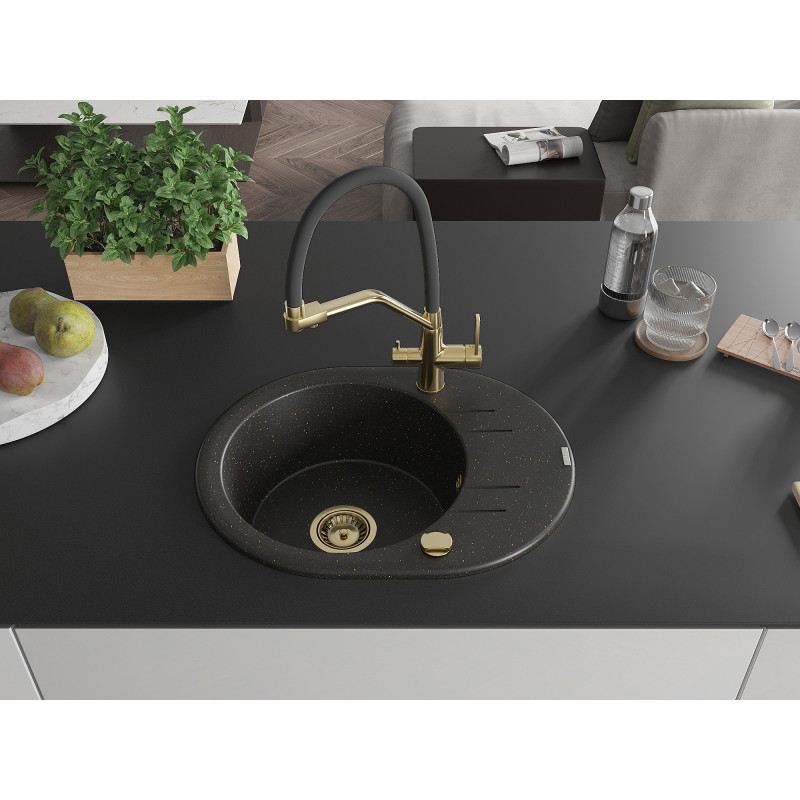 Mexen Kevin granite kitchen sink 1-bowl with Duo kitchen faucet, black/gold metallic - 6517-75-671701-57-G