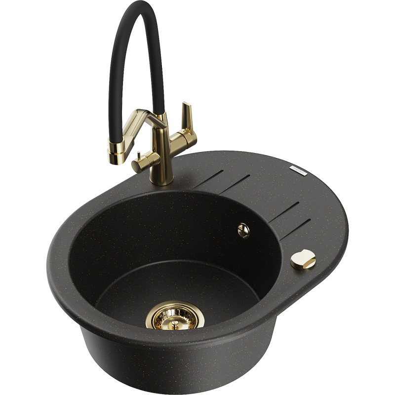 Mexen Kevin 1-compartment granite sink with a kitchen mixer tap Duo, Black/ gold metallic - 6517-75-671701-57-G