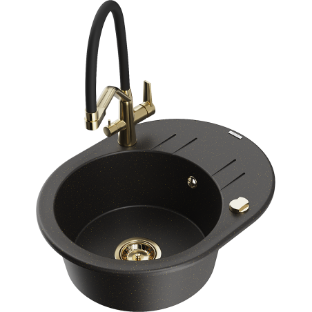 Mexen Kevin granite kitchen sink 1-bowl with Duo kitchen faucet, black/gold metallic - 6517-75-671701-57-G