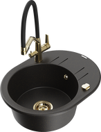 Mexen Kevin granite kitchen sink 1-bowl with Duo kitchen faucet, black/gold metallic - 6517-75-671701-57-G
