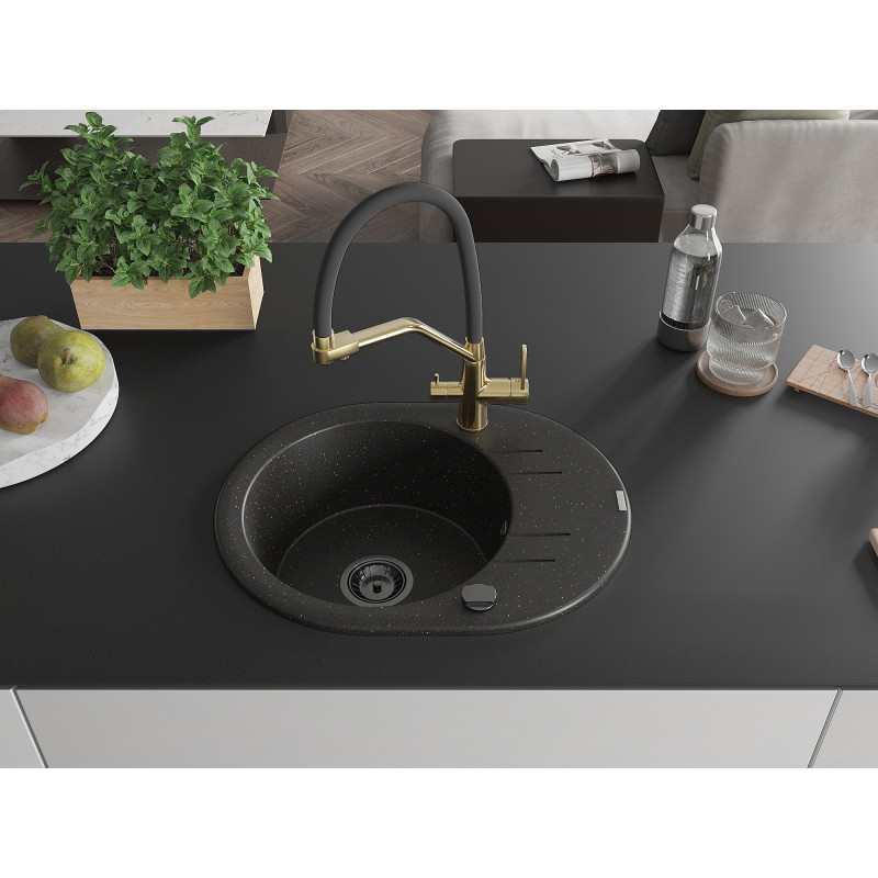Mexen Kevin 1-bowl granite sink with Duo kitchen faucet, black/gold metallic - 6517-75-671701-57-B