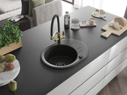Mexen Kevin 1-bowl granite sink with Duo kitchen faucet, black/gold metallic - 6517-75-671701-57-B