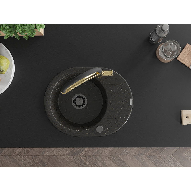 Mexen Kevin granite kitchen sink 1-bowl with Duo tap, black/golden metallic - 6517-75-671701-57-B