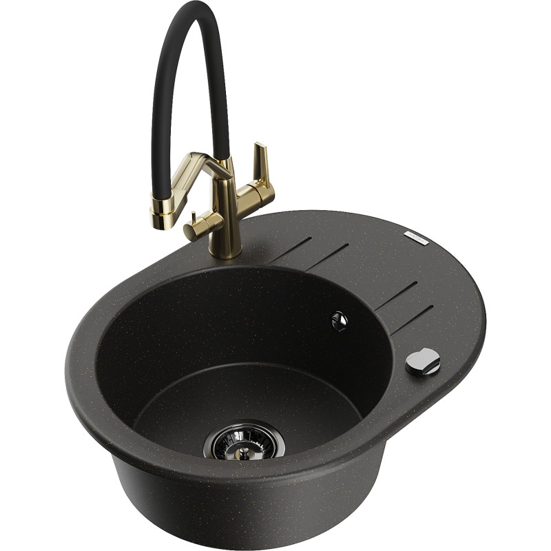 Mexen Kevin 1-bowl granite sink with Duo kitchen faucet, black/gold metallic - 6517-75-671701-57-B