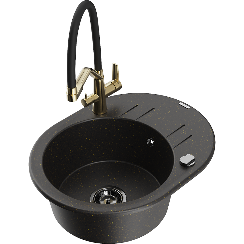 Mexen Kevin 1-compartment granite sink with a kitchen mixer tap Duo, Black/ gold metallic - 6517-75-671701-57-B