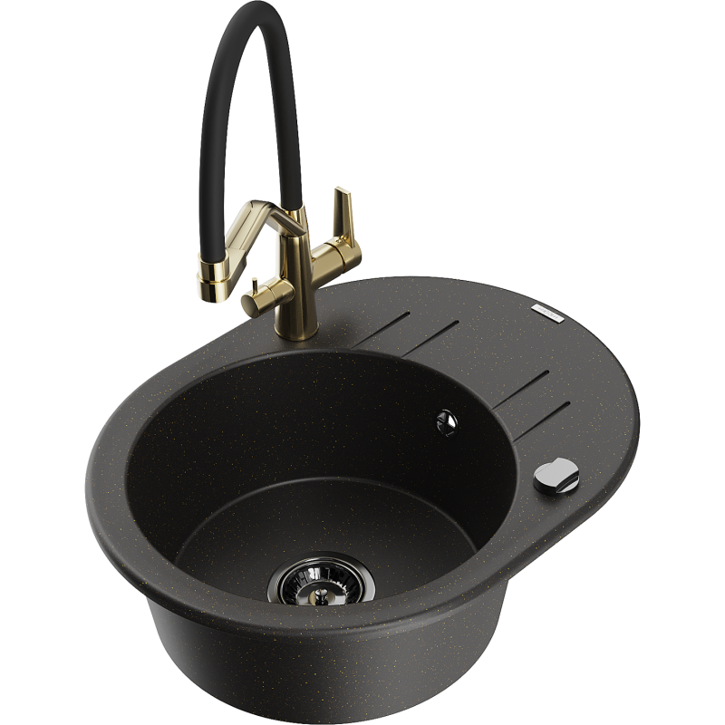 Mexen Kevin granite kitchen sink 1-bowl with Duo tap, black/golden metallic - 6517-75-671701-57-B