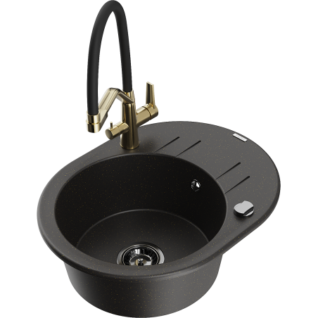 Mexen Kevin Granite Kitchen Sink 1-Bowl with Duo Faucet, Black/Gold Metallic - 6517-75-671701-57-B