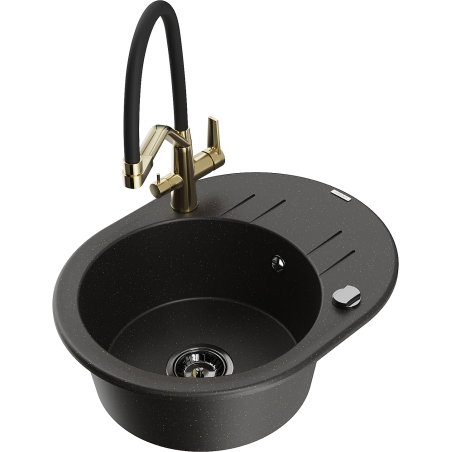 Mexen Kevin granite kitchen sink 1-bowl with Duo tap, black/golden metallic - 6517-75-671701-57-B