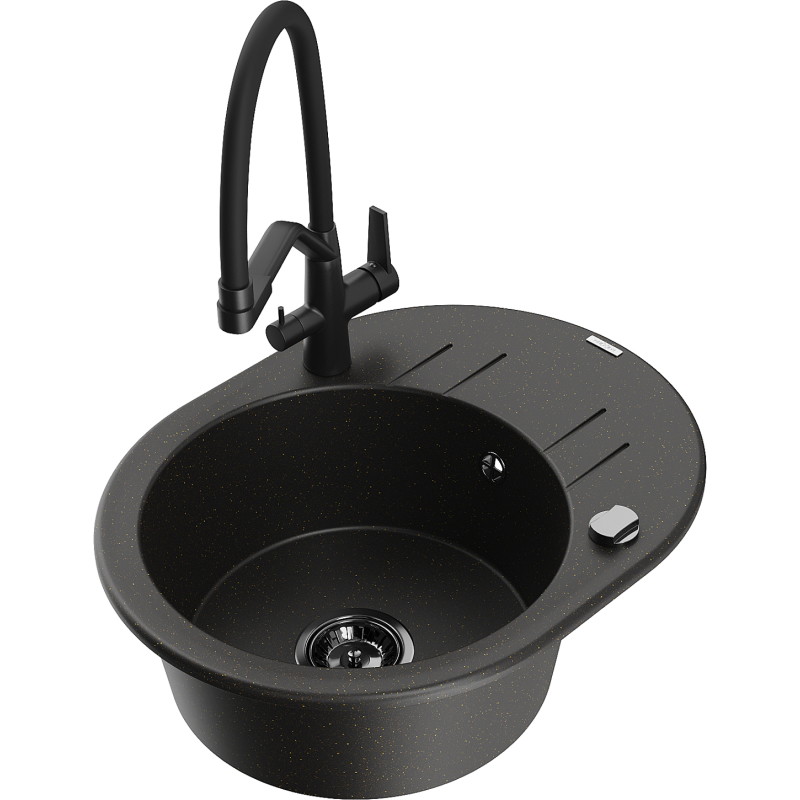 Mexen Kevin 1-bowl granite sink with Duo kitchen faucet, black/gold metallic - 6517-75-671701-70-B