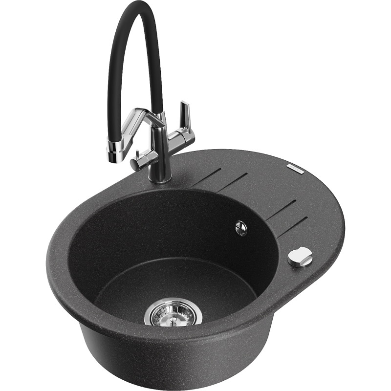 Mexen Kevin granite kitchen sink 1-bowl with kitchen faucet Duo, speckled black - 6517-76-671701-07
