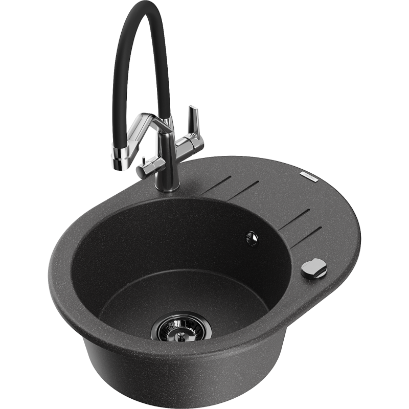 Mexen Kevin granite sink 1-bowl with Duo kitchen tap, black speckled - 6517-76-671701-07-B