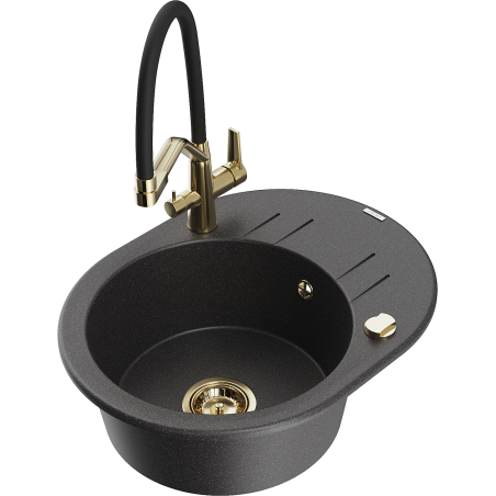 Mexen Kevin granite sink 1-bowl with Duo kitchen faucet, black speckled - 6517-76-671701-57-G