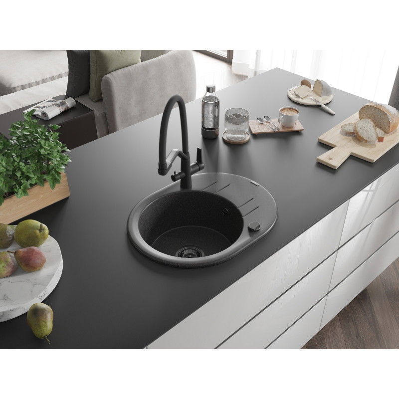 Mexen Kevin 1-bowl Granite Sink with Duo Kitchen Faucet, Speckled Black - 6517-76-671701-70-B