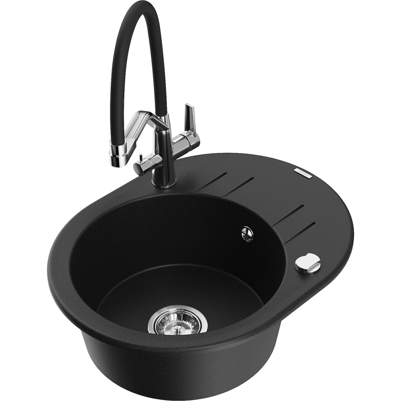 Mexen Kevin 1-compartment granite sink with a kitchen mixer tap Duo, Black - 6517-77-671701-07