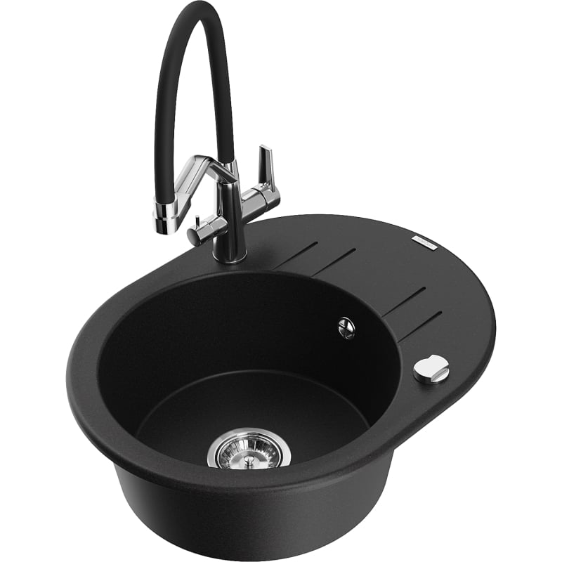 Mexen Kevin granite kitchen sink 1-bowl with duo kitchen faucet, black - 6517-77-671701-07