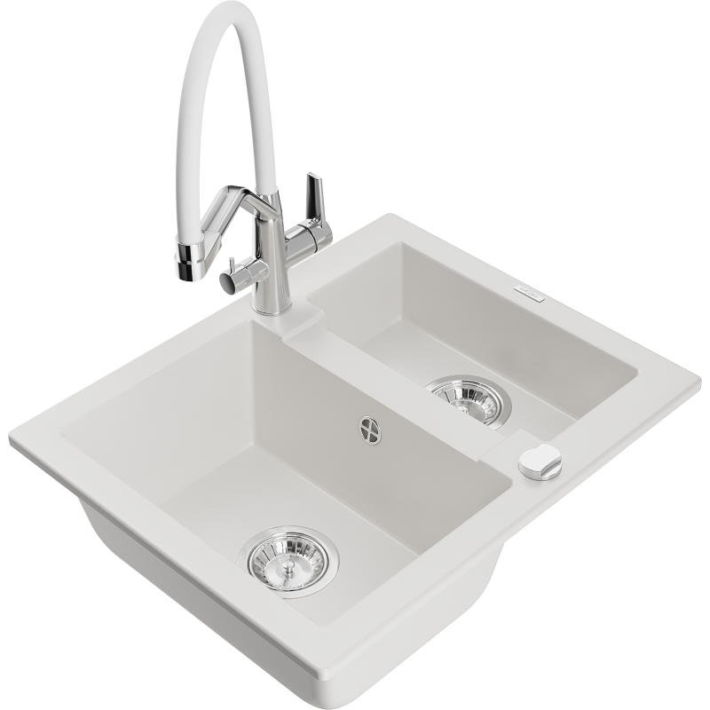 Mexen Carlos 1.5-compartment granite sink with a kitchen mixer tap Duo, white - 6518-20-671701-02