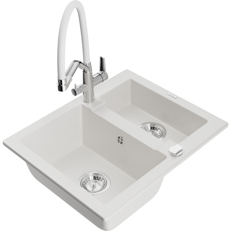 Mexen Carlos Duo Granite Sink 1.5-Bowl with Kitchen Faucet, White - 6518-20-671701-02
