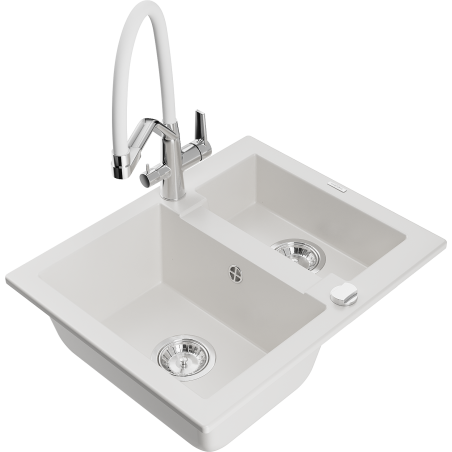 Mexen Carlos Duo Granite Sink 1.5-Bowl with Kitchen Faucet, White - 6518-20-671701-02