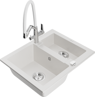 Mexen Carlos Duo Granite Sink 1.5-Bowl with Kitchen Faucet, White - 6518-20-671701-02