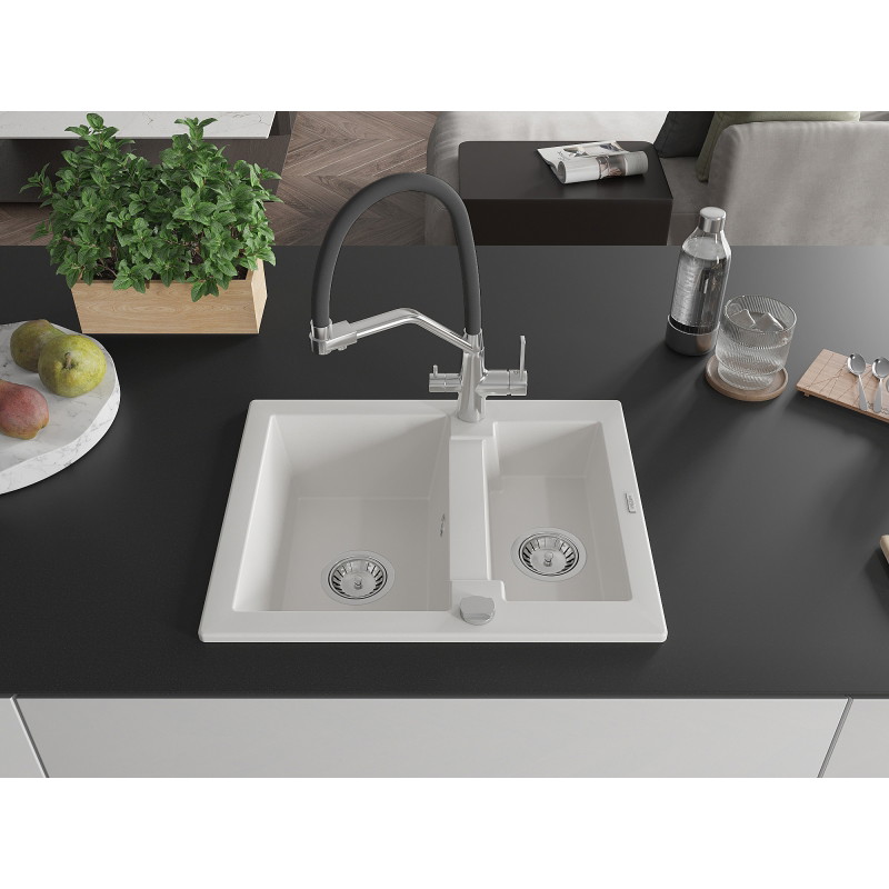 Mexen Carlos 1.5-bowl granite sink with Duo kitchen faucet, white - 6518-20-671701-07