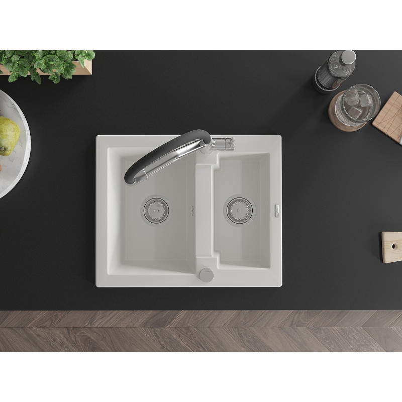 Mexen Carlos 1.5-bowl granite sink with Duo kitchen faucet, white - 6518-20-671701-07