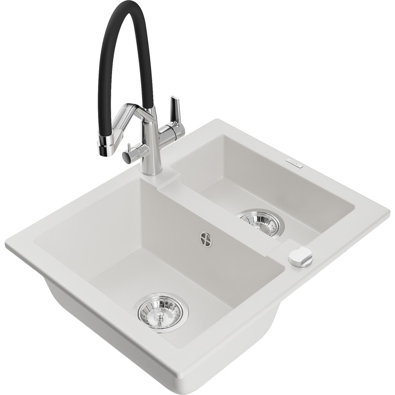 Mexen Carlos 1.5-bowl granite sink with Duo kitchen faucet, white - 6518-20-671701-07