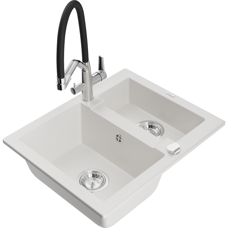 Mexen Carlos 1.5-compartment granite sink with a kitchen mixer tap Duo, white - 6518-20-671701-07