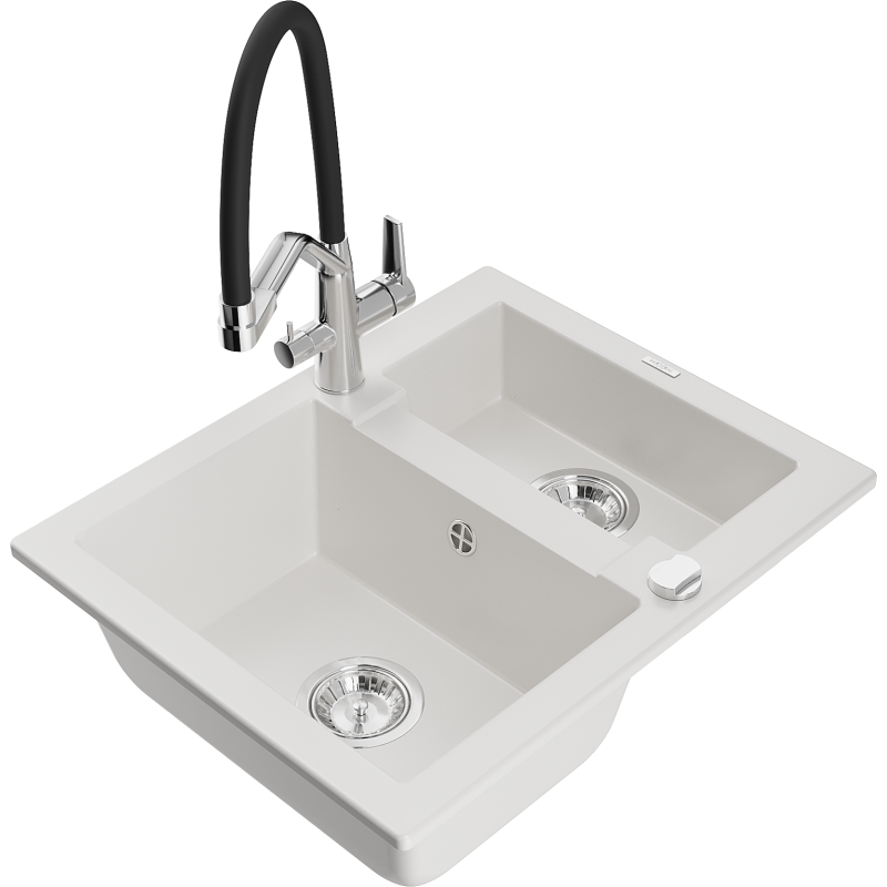 Mexen Carlos granite sink 1.5-bowl with Duo kitchen tap, white - 6518-20-671701-07
