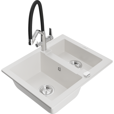 Mexen Carlos 1.5-bowl granite sink with Duo kitchen faucet, white - 6518-20-671701-07