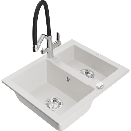 Mexen Carlos granite sink 1.5-bowl with Duo kitchen tap, white - 6518-20-671701-07