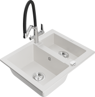 Mexen Carlos granite sink 1.5-bowl with Duo kitchen tap, white - 6518-20-671701-07