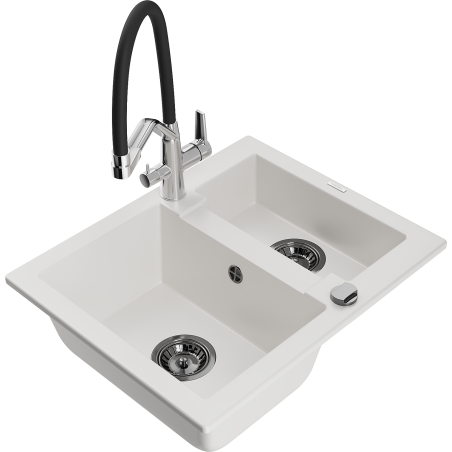 Mexen Carlos 1.5-compartment granite sink with a kitchen mixer tap Duo, white - 6518-20-671701-07-B