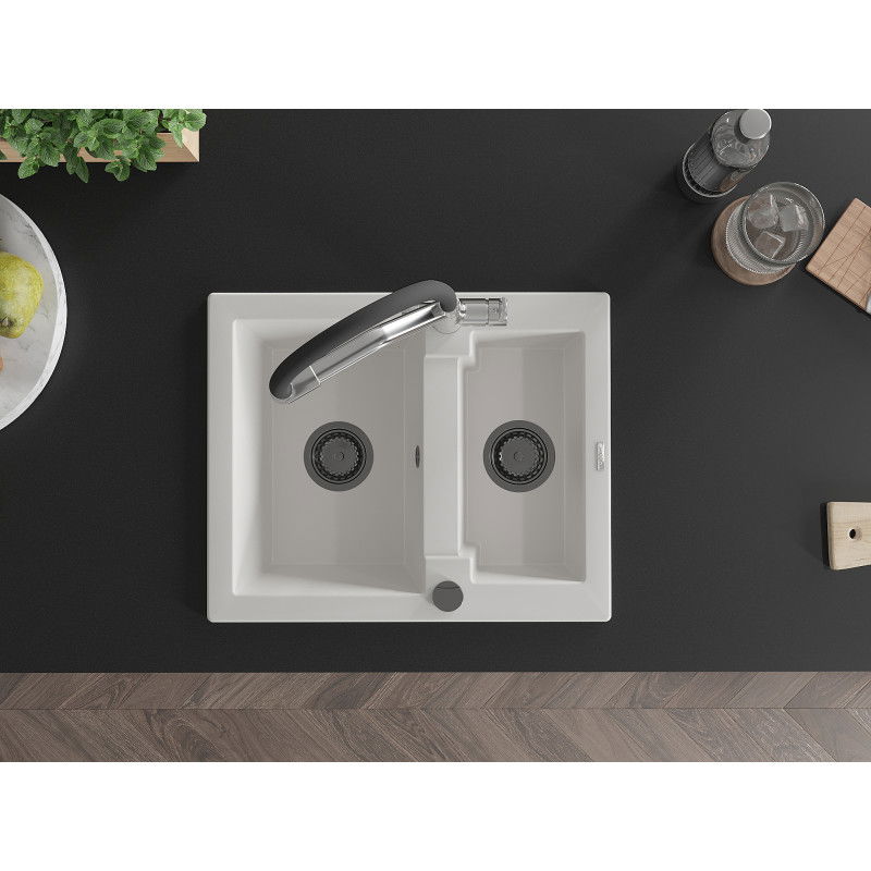Mexen Carlos granite sink 1.5-bowl with Duo kitchen tap, white - 6518-20-671701-07-B
