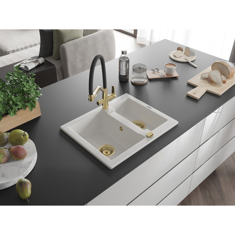 Mexen Carlos 1.5-bowl Granite Sink with Duo Kitchen Faucet, White - 6518-20-671701-57-G