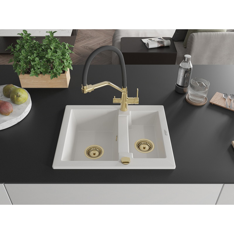 Mexen Carlos 1.5-bowl Granite Sink with Duo Kitchen Faucet, White - 6518-20-671701-57-G