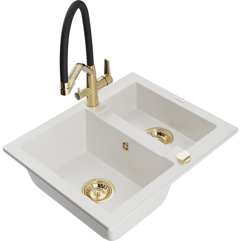 Mexen Carlos 1.5-bowl Granite Sink with Duo Kitchen Faucet, White - 6518-20-671701-57-G